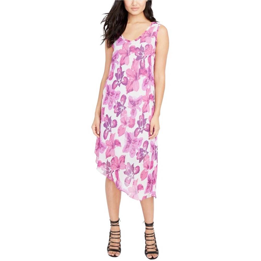 Rachel Rachel Roy Floral Midi Dress Womens L Purple Asymmetric Hem Boho Romantic